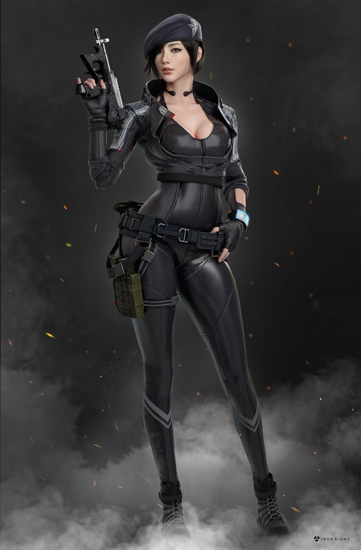 Female Soldier with Gun — Black, Dramatic, 3d Render