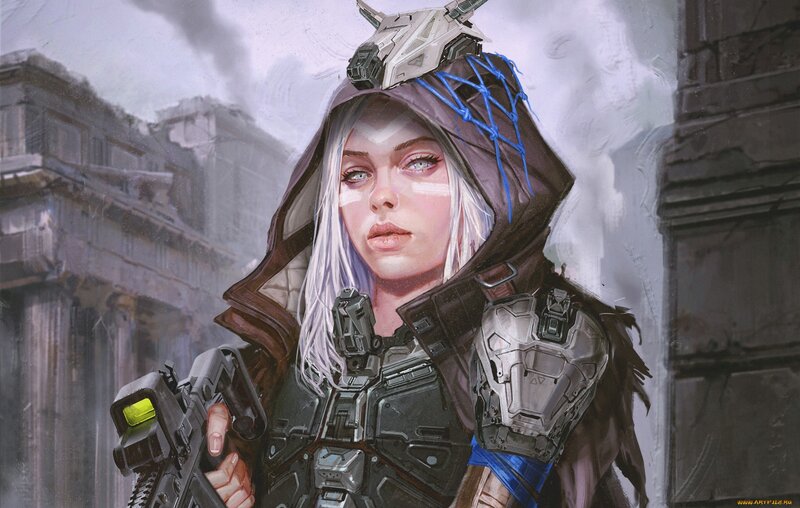 Female Soldier with Gun — Gray, Dramatic, Digital Art