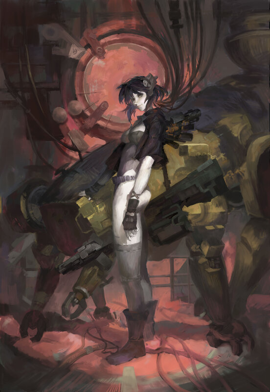 Female Soldier with Mech — Red
