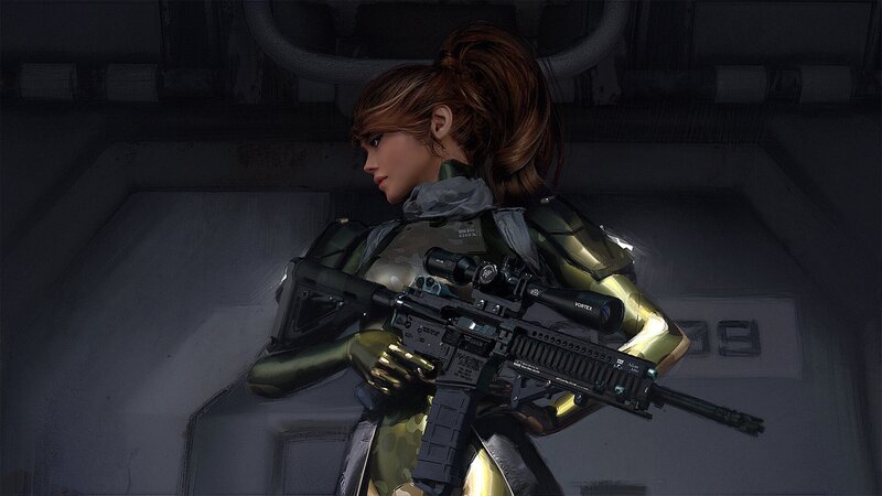 Female Soldier with Rifle — Black, Dramatic, Digital Art, Armor, Hair Bun
