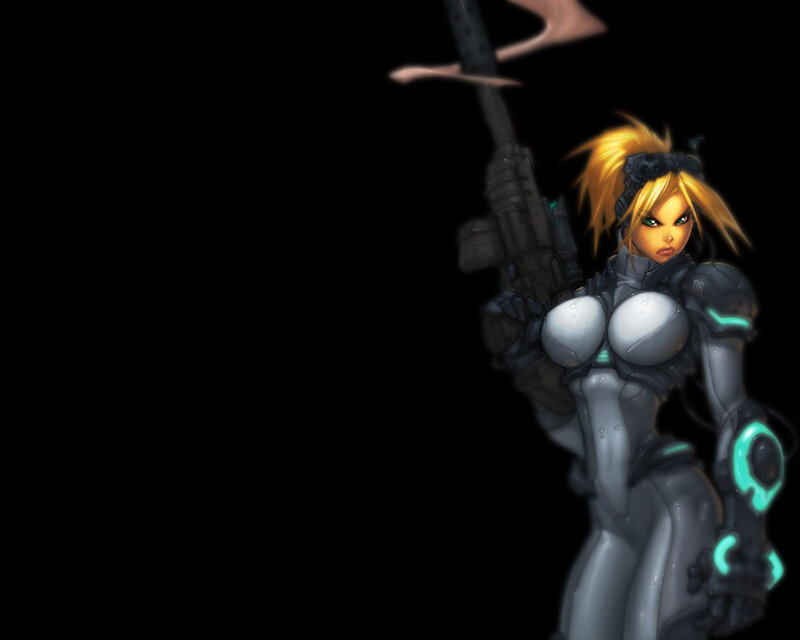 Female Soldier with Rifle — Black, Dramatic, Digital Art, Armor