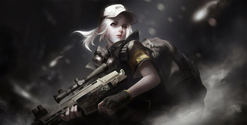 Female Soldier with Rifle — Black, Dramatic, Digital Art, Backpack