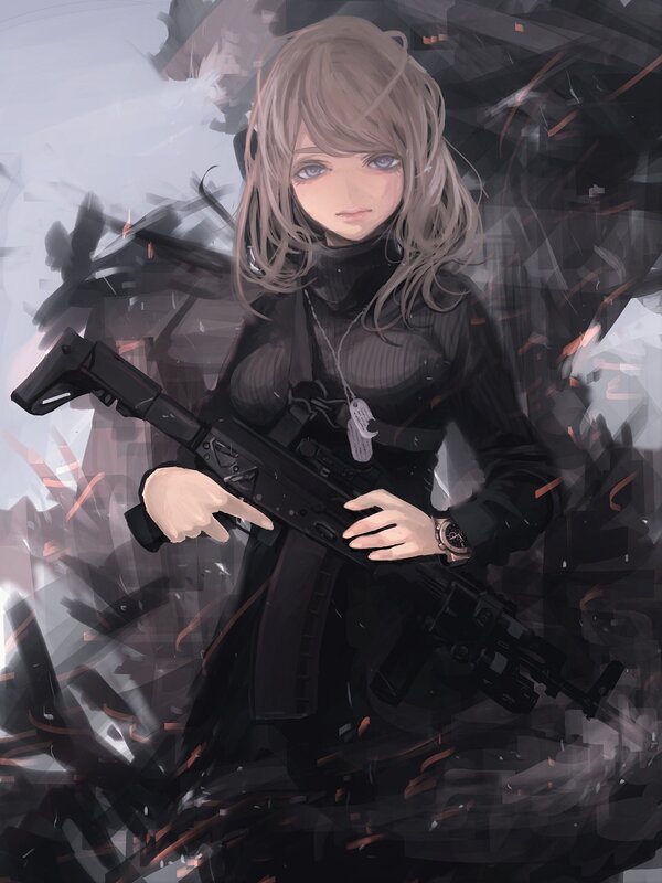 Female Soldier with Rifle — Black, Dramatic, Digital Art, Dog Tag