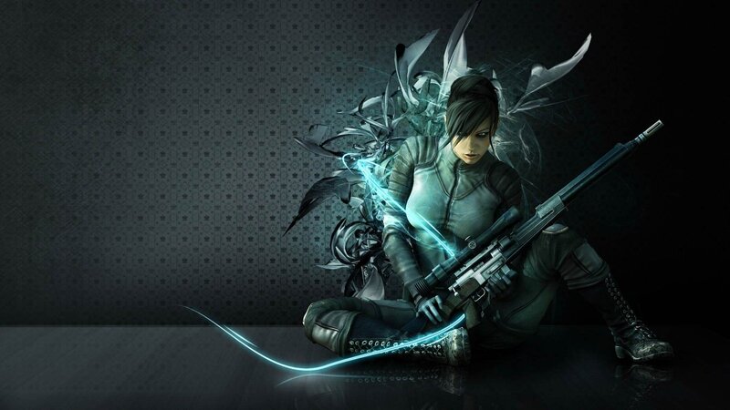 Female Soldier with Rifle — Black, Dramatic, Digital Art, Energy Effects