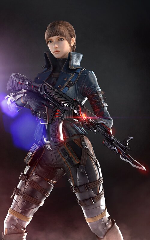 Female Soldier with Rifle — Black, Dramatic, Digital Art, Gloves