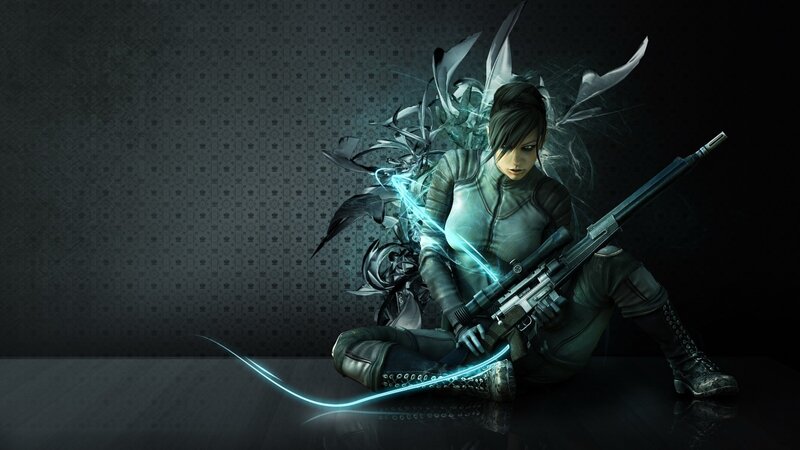 Female Soldier with Rifle — Black, Dramatic, Digital Art, Glowing Effects