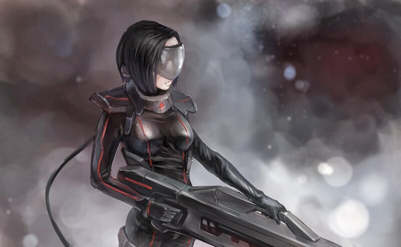 Female Soldier with Rifle — Black, Dramatic, Digital Art, Helmet