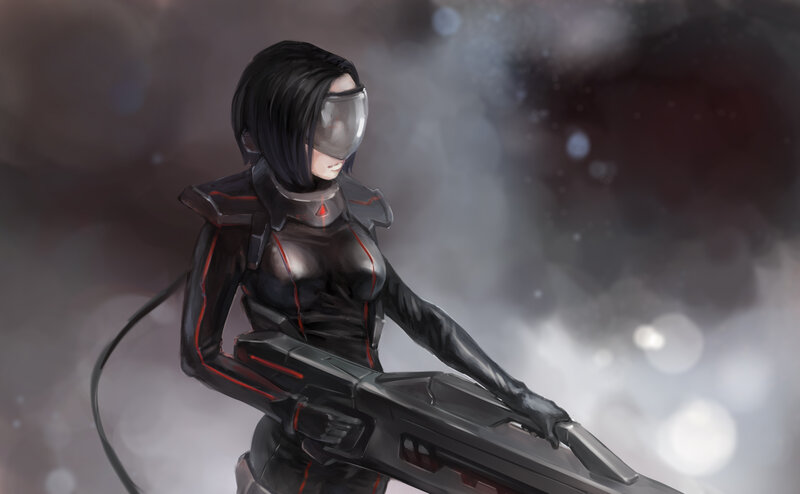 Female Soldier with Rifle — Black, Dramatic, Digital Art