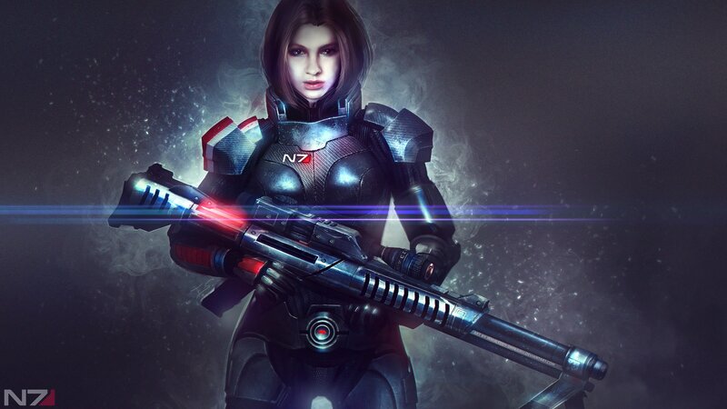 Female Soldier with Rifle — Black, Dramatic, Night, Digital Art, Armor
