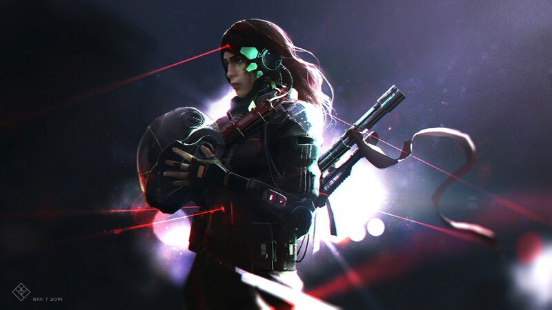 Female Soldier with Rifle — Black, Dramatic, Night, Digital Art