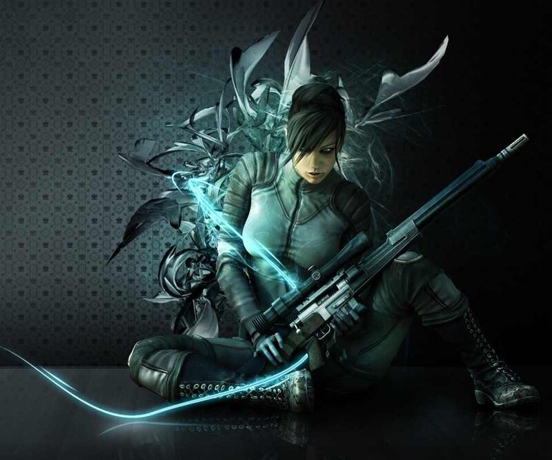 Female Soldier with Rifle — Black, Dramatic, Night