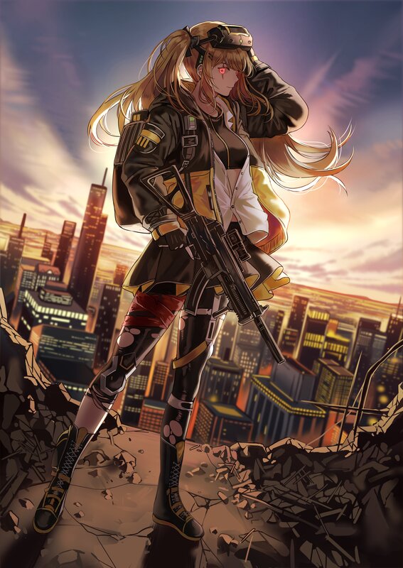 Female Soldier with Rifle — Black, Dramatic, Sunset