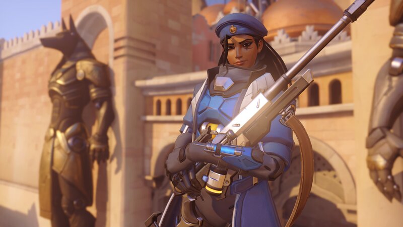 Female Soldier with Rifle — Blue, Serious