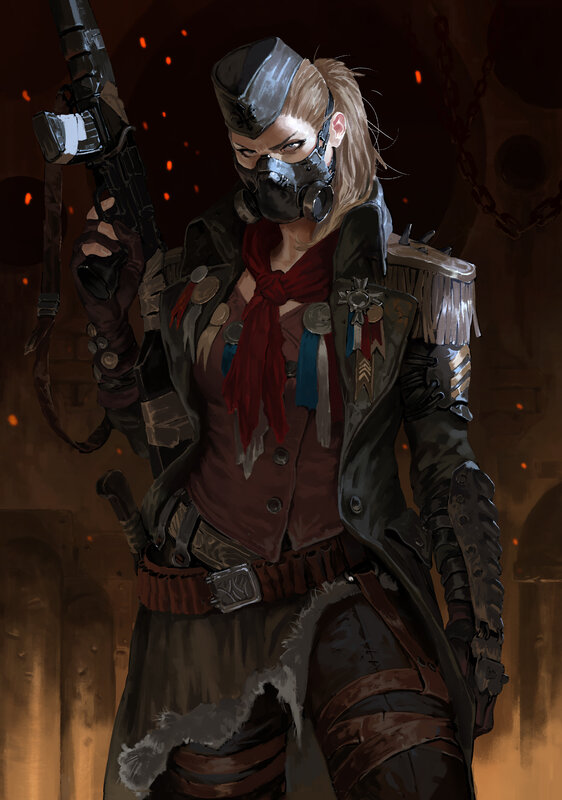 Female Soldier with Rifle — Brown, Dramatic, Digital Art, Gas Mask