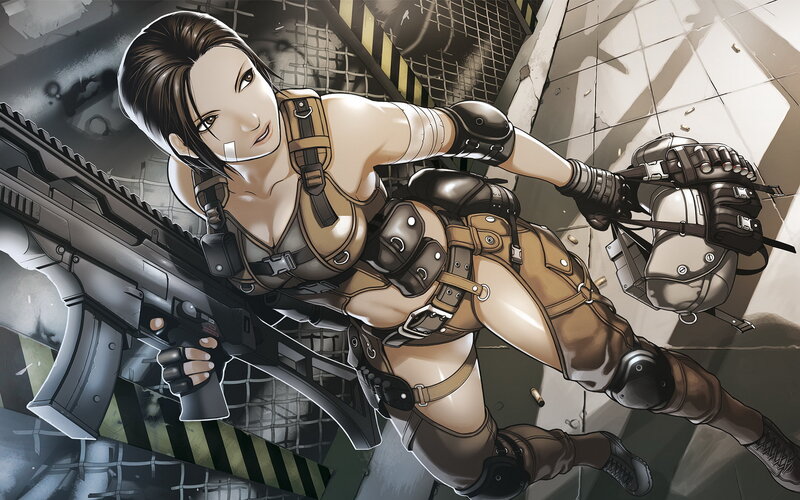 Female Soldier with Rifle — Brown, Dramatic
