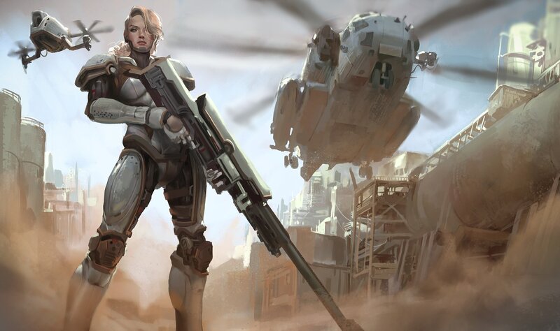 Female Soldier with Rifle — Gray, Dramatic, Digital Art, Helicopter