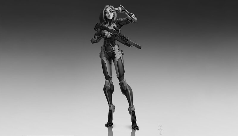 Female Soldier with Rifle — Gray, Dramatic, Digital Art, Salute