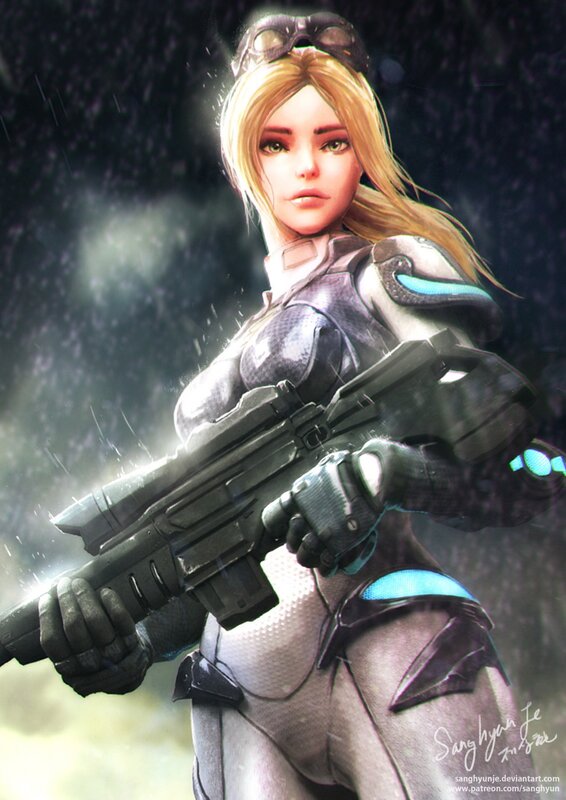 Female Soldier with Rifle — Gray, Dramatic, Night, Digital Art