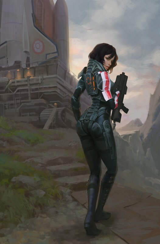 Female Soldier with Rifle — Gray, Dramatic, Sunset