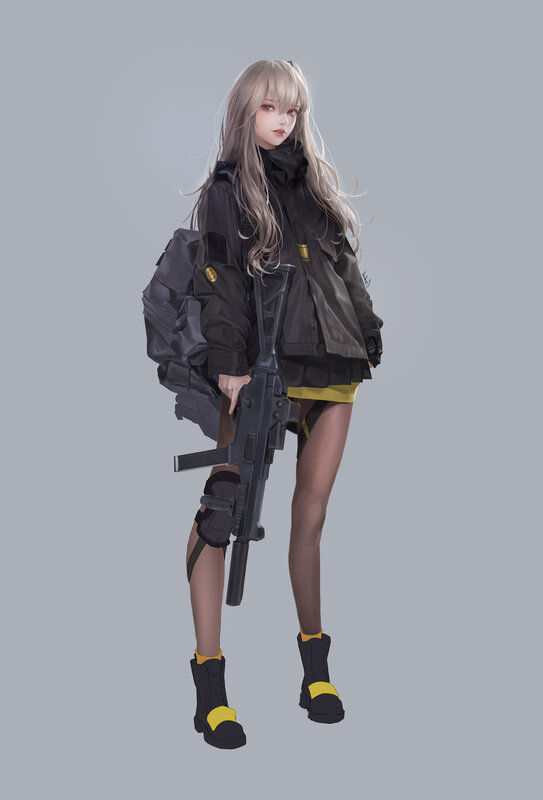 Female Soldier with Rifle — Gray, Neutral, Digital Art