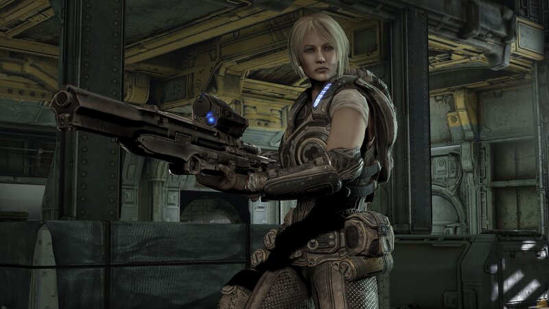 Female Soldier with Rifle — Gray, Serious