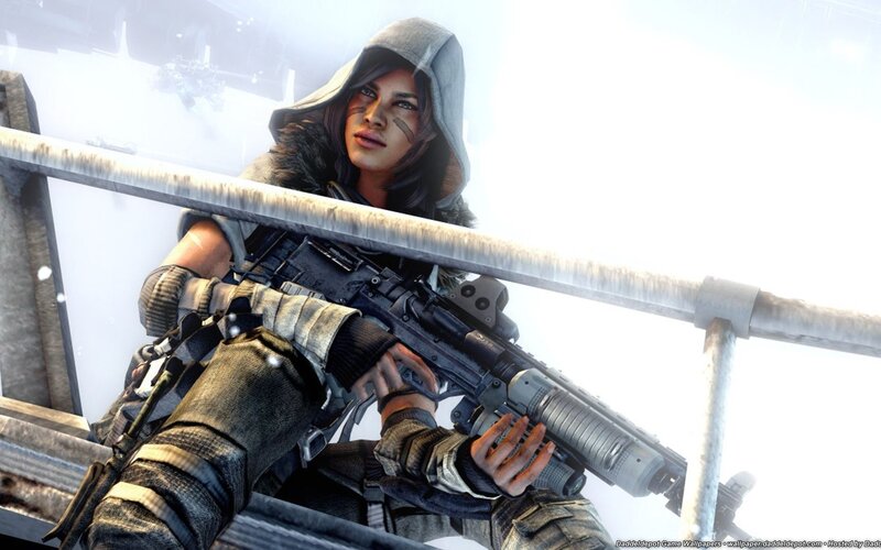 Female Soldier with Rifle — Gray, Tense