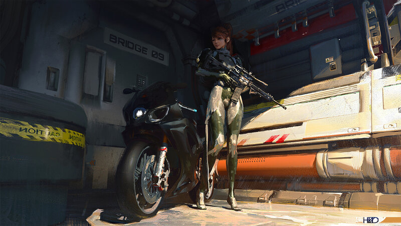 Female Soldier with Rifle — Green, Dramatic, Digital Art, Motorcycle