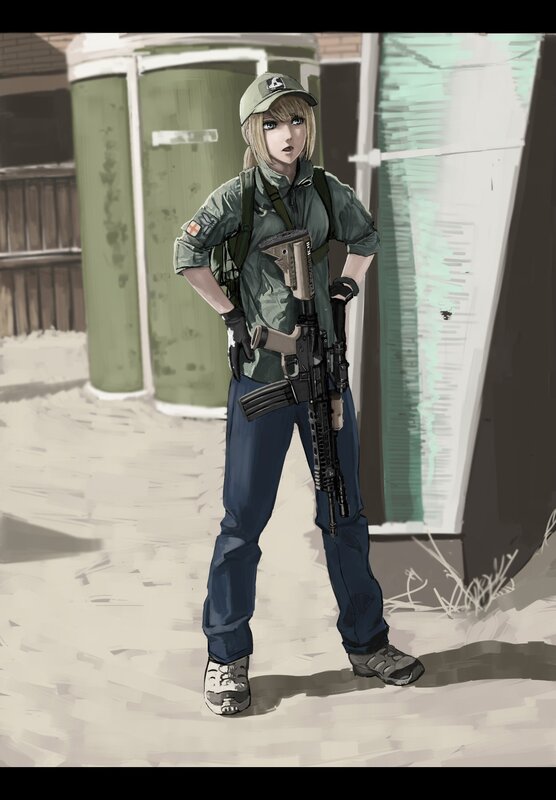 Female Soldier with Rifle — Green, Serious