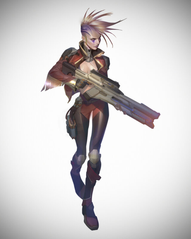 Female Soldier with Rifle — Purple, Dramatic, Digital Art, Spiky Hair