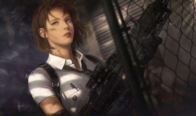 Female Soldier with Rifle — White, Dramatic, Digital Art, Chain-link Fence