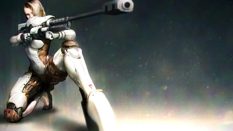 Female Soldier with Rifle — White, Dramatic, Night