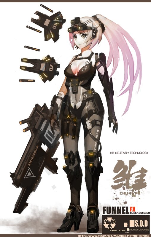Female Soldier with Weapon — Black, Dramatic, Digital Art, Armor, Pink Hair