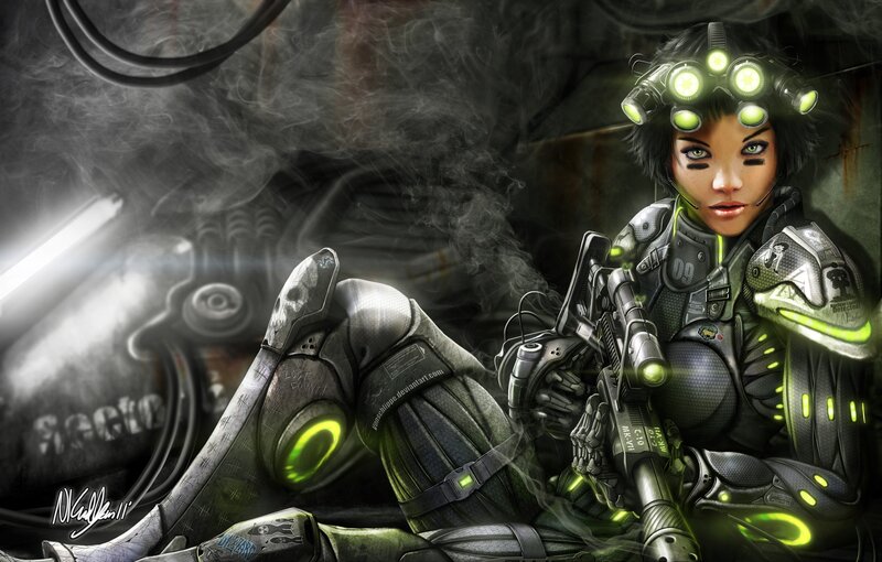 Female Soldier with Weapon — Black, Dramatic, Digital Art, Headset