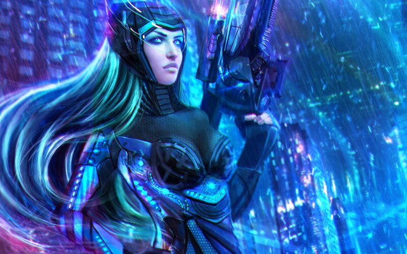 Female Soldier with Weapon — Blue, Dramatic