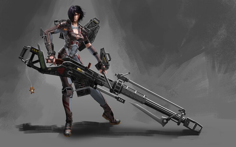 Female Soldier with Weapon — Gray, Dramatic, Digital Art, Armor, Teddy Bear