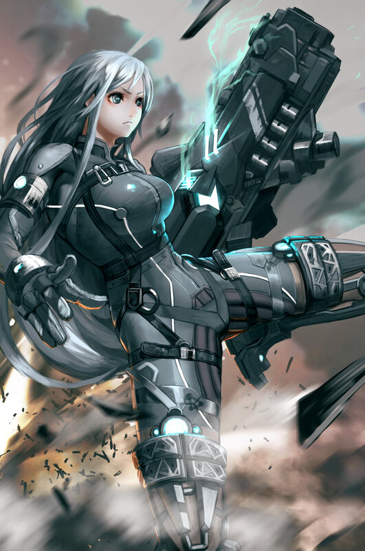 Female Soldier with Weapon — Gray, Dramatic, Digital Art, Armor