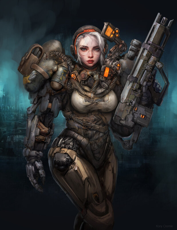 Female Soldier with Weapon — Gray, Dramatic, Night