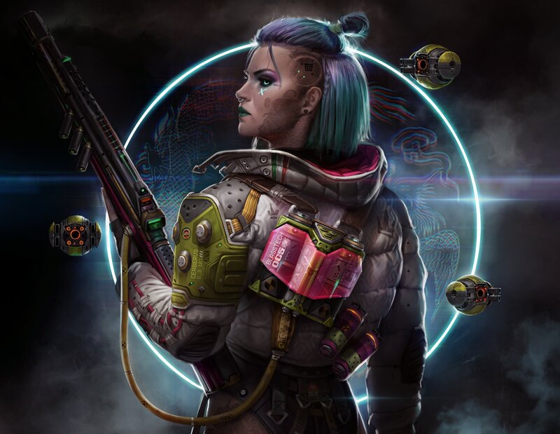 Female Soldier with Weapon — Purple, Dramatic, Night