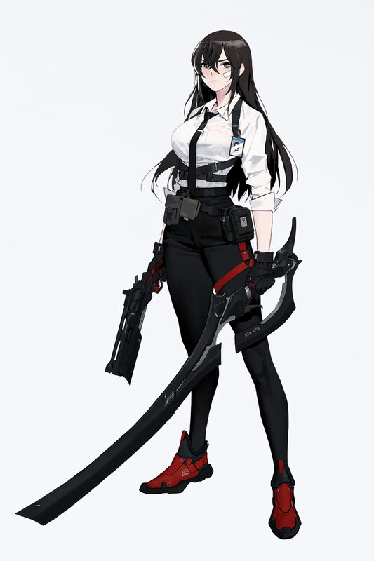 Female Soldier with Weapons — Black, Serious