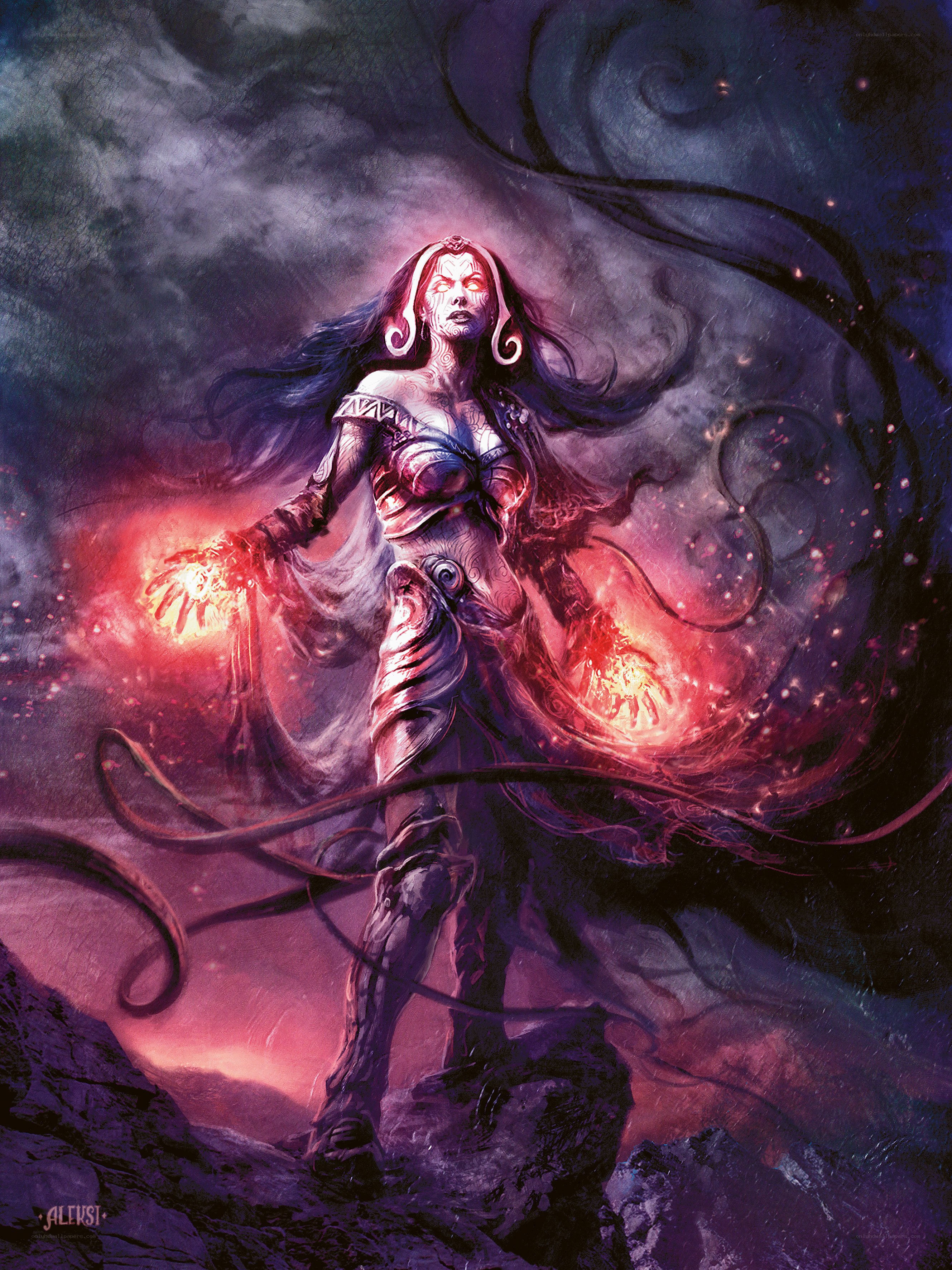 female sorceress casting fire spells