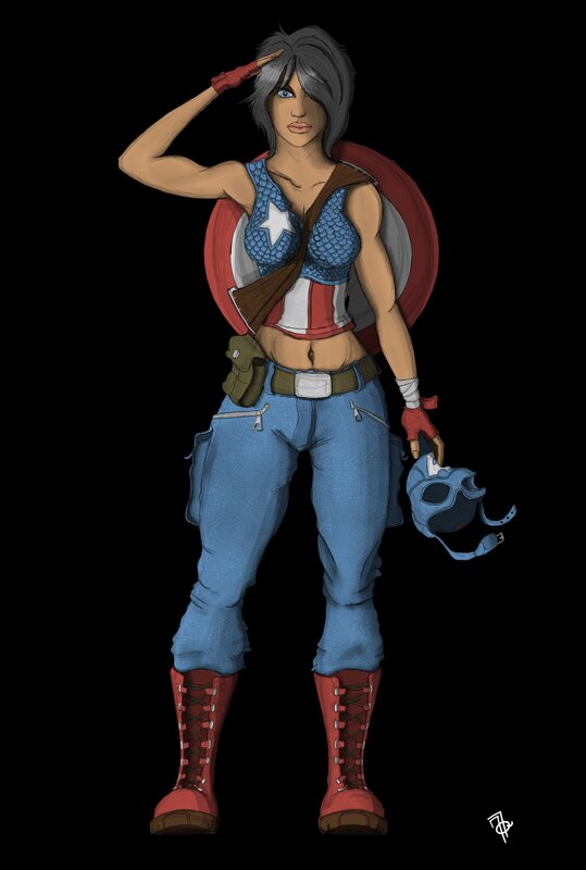 Female Superhero Character — Blue, Confident, Digital Art, Shield