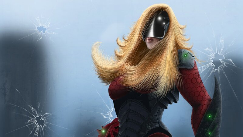 Female Superhero in Armor — Red, Dramatic