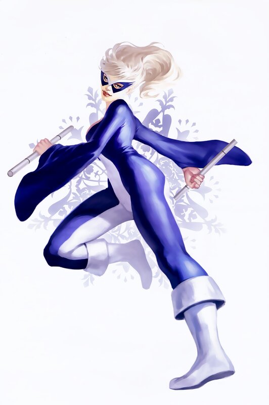 female superhero in blue suit