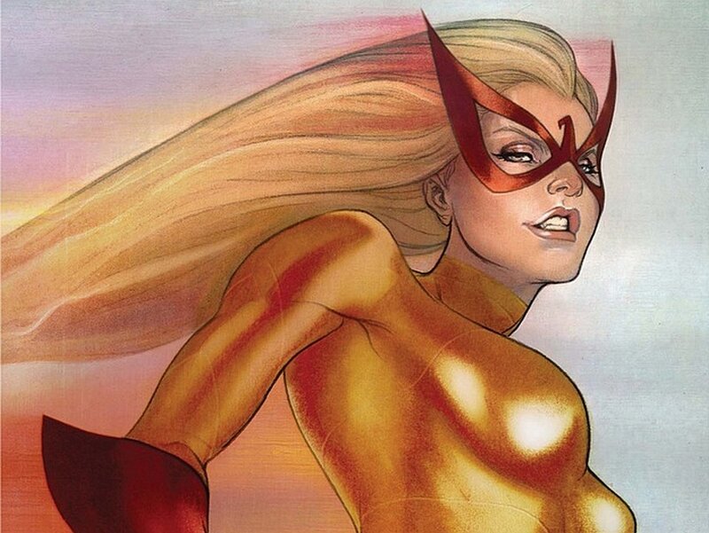 female superhero in golden suit