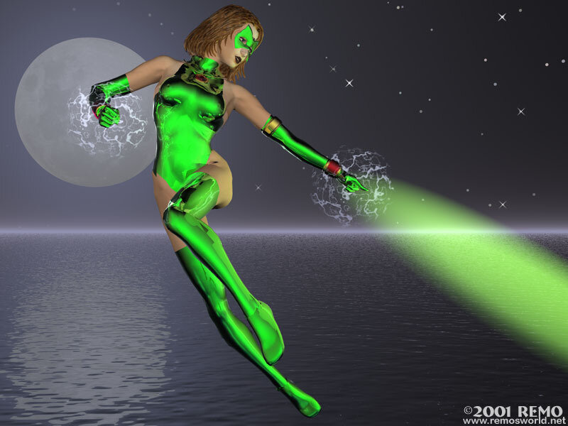 Female Superhero in Green Suit — Dramatic, Night