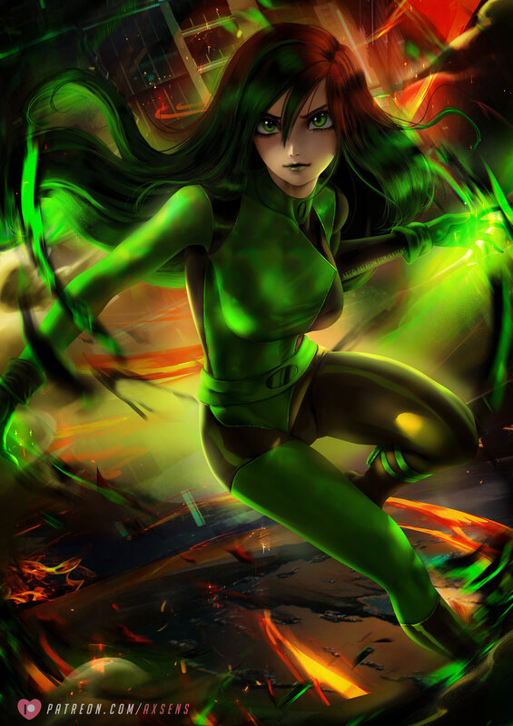 Female Superhero in Green Suit — Dramatic