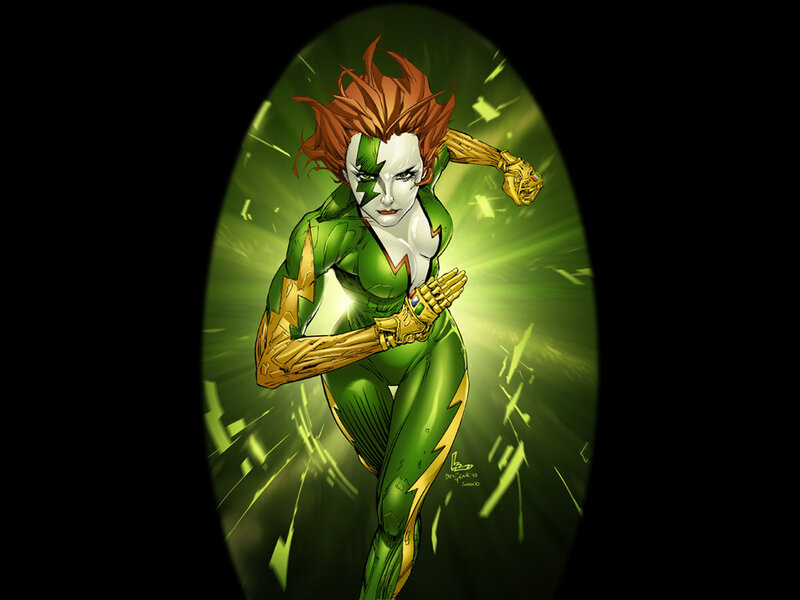 Female Superhero in Green Suit — Dynamic, Intense