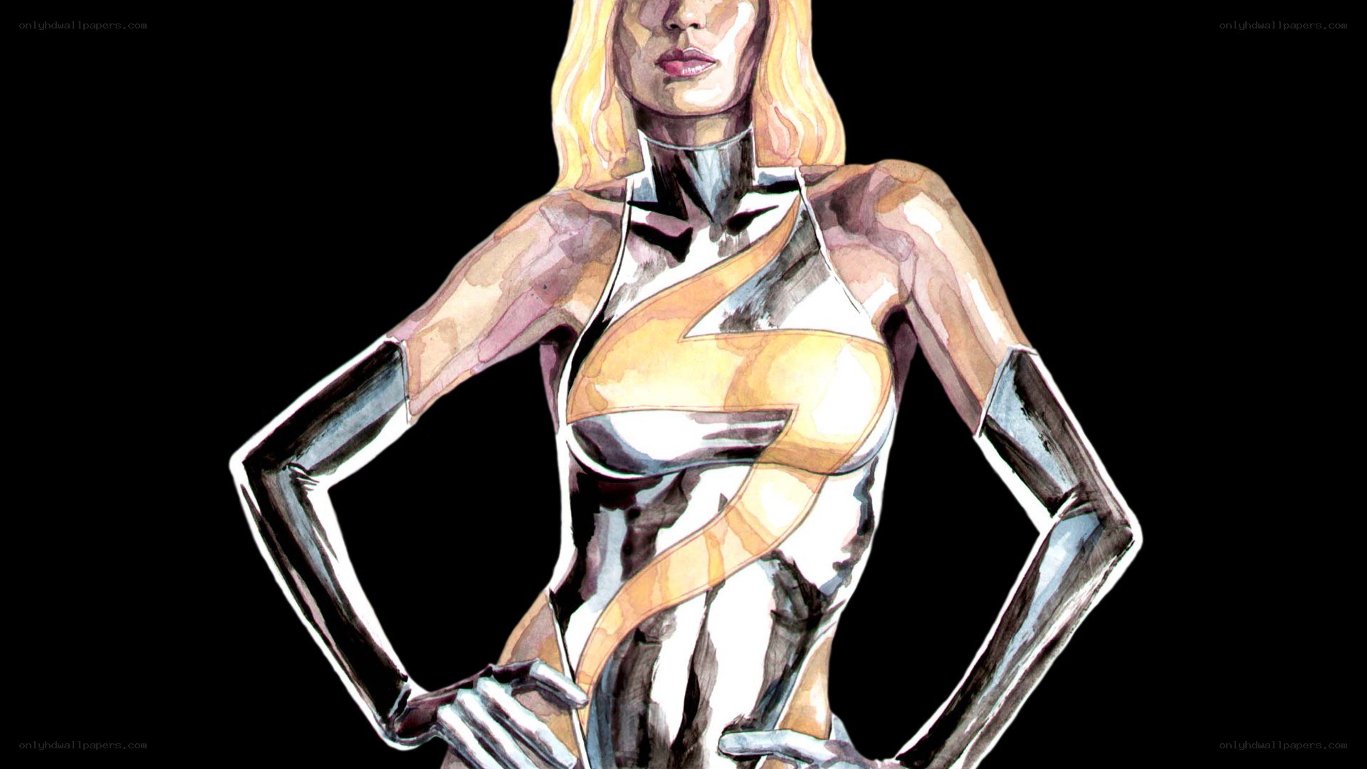 female superhero in metallic suit