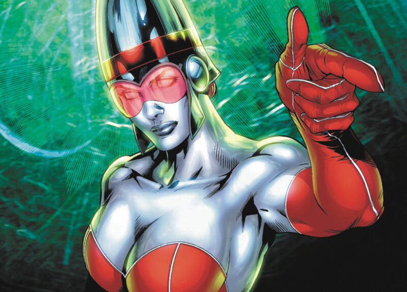 female superhero in red and silver suit