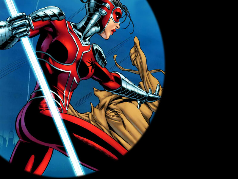 Female Superhero in Red Suit — Dramatic, Night